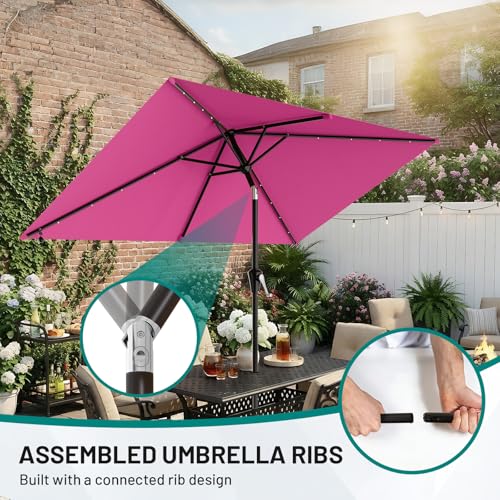 Image of AreShark 6.5' x 10' Rectangular Patio Umbrella with Solar Lights, Solar Powered Lighted Market Umbrella w /Tilt and Crank, Outdoor Table Umbrella for Garden, Deck, Backyard, Pool and Beach, Rose Pink