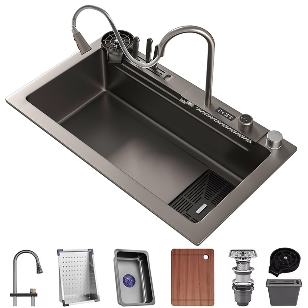 ZQFHSX 75 x 45 cm Kitchen Sink with Waterfall Stainless Steel Nano Single Bowl Multifunctional Digital Display Tap Bar Drainage Basket, Component