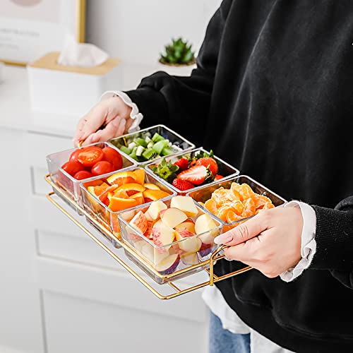 Xkxkke 6 Clear Glass Bowls Set With Gold Metal Rack, Condiment Dishes Serving Bowls Buffet Server Food Display Relish Tray For Fruit Dessert Appetizer Nuts Snacks Candy Chip Dip #TOP1