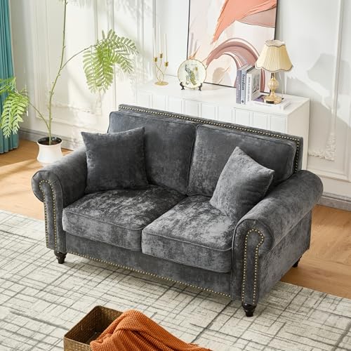 Image of KEIKI 64 inch Oversized Chenille Loveseat Sofa with Rolled Arms and Nailhead Trim, Upholstered Modern Style 2-Seater Couch with High-Density Foam Cushions, Easy Assembly, for Apartment, Living Room, Grey