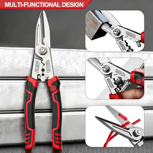 Image of Heavy Duty Industrial Scissors 8.5'', Utility Sharp Aviation Tin Snips, Finely Serrated CR-V Blades with Safety Lock, for Cutting Wires, Cardboard, Plastic, Carpet,red (Red)