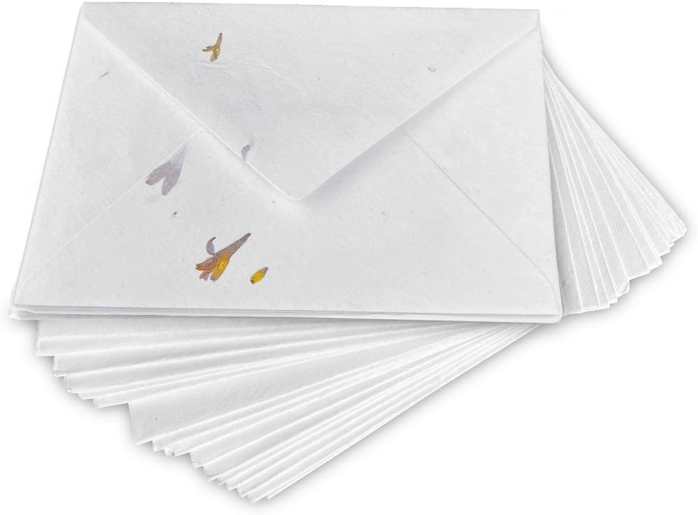Wanderings Handmade White Envelopes with Real Flower Petals 5.25"x7.25" - Package of 25 Cold Press Envelopes for Announcements Wedding Invitations Greeting Cards Memorials - 150 GSM Thick Envelope