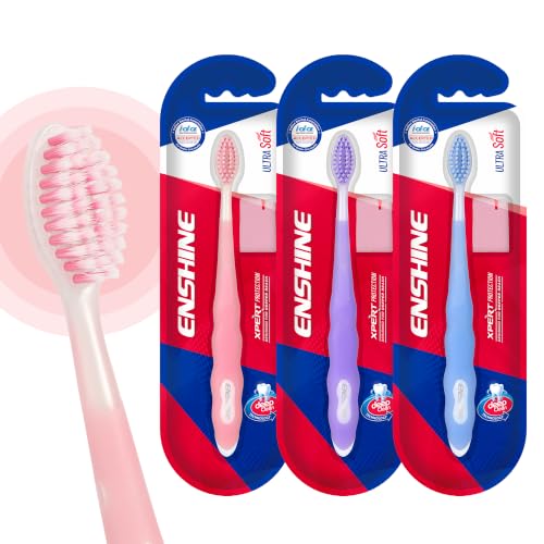 Image of Enshine Expert Protection Toothbrush for Adults - Pack of 3 | Double-Tapered Ultra Soft PBT Bristles | Premium Tooth Brush Set for Sensitive Gums | Deep Gum-Line Plaque Removal | Manual Toothbrush with Non-Slip Grip Multicolor
