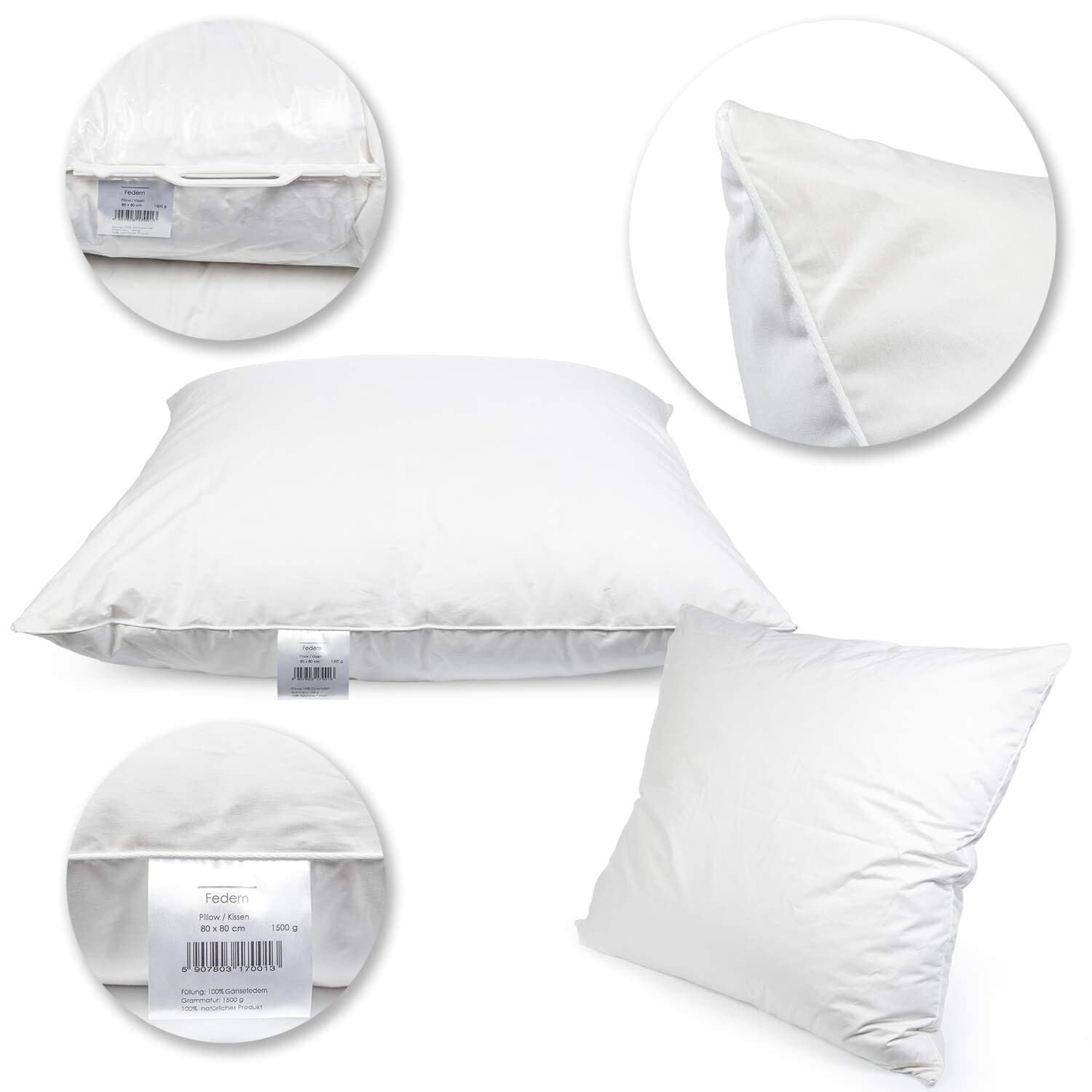 H&F Heimtextilien 2er Set Premium Qualität | Kopfkissen 80x80 cm | Füllung: 1500 Gramm Federn, Gänsefedern | 100% Natur Kissen | Bezug: 100% Baumwolle | Federkissen 80 x 80 cm