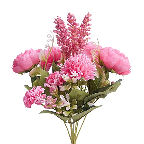 The Baked Studio – Silk Artificial Flower Bouquet (Philippine Roses, Peonies, Dandelion Flower Balls and Foliage) – Realistic Fake Plant for Cake Decoration, Home Décor, Weddings and Crafts (Hot Pink)