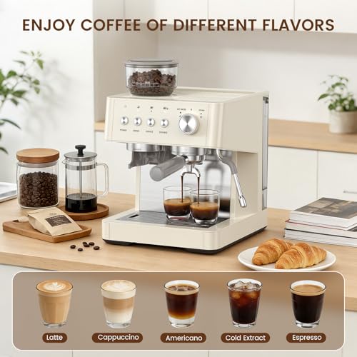 Kismile 20-Bar Espresso Machine with Grinder, Automatic Coffee Maker Combo, Removable 77.8oz Water Tank, Milk Frothing Steam Wand for Latte & Cappuccino, Hot Water Dispenser for Americano, White by Kismile - Image 4