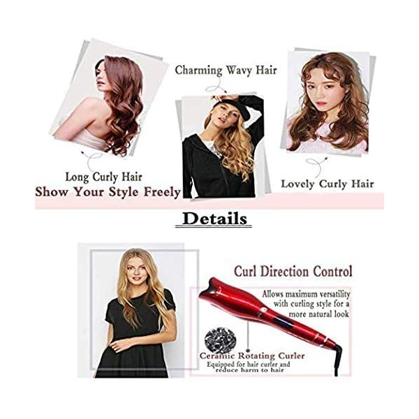 Automatic Hair Curler, Hair Rotating Curling Wand with Extended Ceramic Barrel, Auto Off, Red