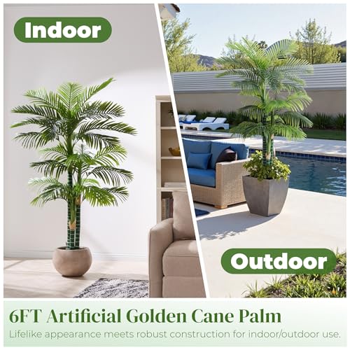 Image of 6FT Artificial Golden Cane Palm Tree, Potted Faux Trees | UV Resistant Indoor /Outdoor Fake Plant with Black Pot, Realistic Tropical Decor for Patio, Living Room, Office
