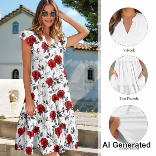 Image of Women's Casual Ruffle Sleeve Dress V Neck Pullover Dress Flowy A-Line Pleated Lightweight Dress with Pockets