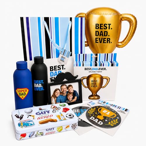 Topline Fathers Day Hamper for Dads - Best Dad Ever Photo Frame Inflatable Trophy Random Selected Water Bottle & Jumbo Badge 300g Shortbread Biscuits. Gift Bag for Fathers Day Gift