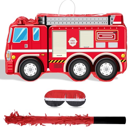 Fire Truck Piñata with Hanging Loop Blindfold Bat and Confetti Filler for Kids Boys Firefighter Firetruck Theme Birthday Party Decorations Supplies, 16.14 x 8.9 x 3.15 Inches
