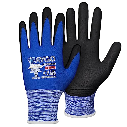 Image of KAYGO Safety Work Gloves MicroFoam Nitrile Coated 3 Pairs, KG18N, Seamless Knit Nylon Glove with Abrasion and Oil Resistant Grip, Ideal for General Purpose, Automotive, DIY (X-Large, Blue)