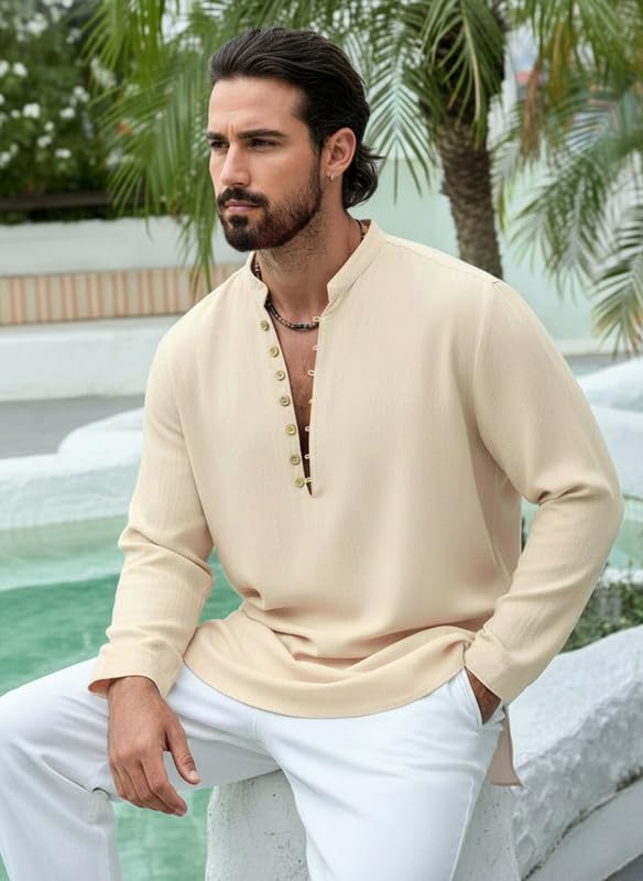 Image of DEELMO Men Stylish Cotton Blend Kurta with Button Detailing for Festive and Casual Wear | Comfortable Soft Fabric Kurta with Modern Mandarin Collar Traditional Outfit