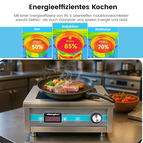 Gewerbliches Induktionskochfeld 5000W 220V~240V Profi Kommerzielles Induktionskochplatte mit 20 Leistungsstufen, 60–260°C, 18h-Timer, Edelstahl & Glas, für Gastronomie, Restaurant