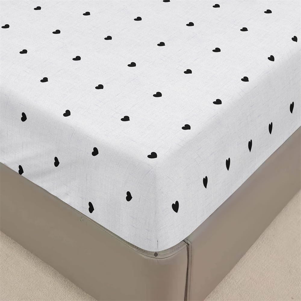 Mateju Love Heart Printed Fitted Sheet for Single Double King Size Bed, Microfiber Fitted Bed Sheets Soft Breathable Fade Resistant, Deep Pocket 30cm, No Pillowcases (Super King,White)