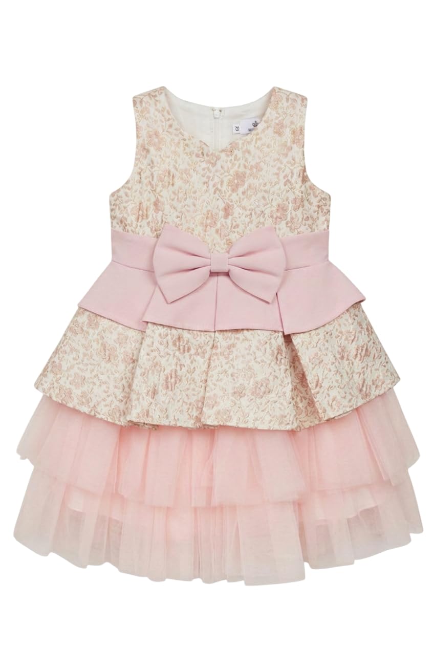 SIRRI Abito da Festa Rosa Jacquard per Bambina con Gonna in Tulle e Fiocco Removibile.