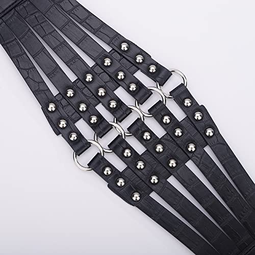 Jumwrit Pu Leather Wide Waist Belt Layered Hollow Out Rivets Cinch Belt Fashion Dress Tied Corset Elastic Stretch Wrap Around Waistband for Women(Black)4