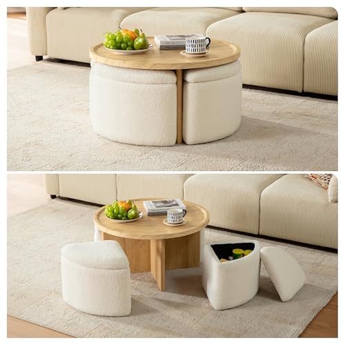 Round Coffee Table with Stools Underneath Wood Ottoman Coffee Tables with 4 Boucle Storage Ottomans & Seats Mid-Century Modern Coffee Table with Chairs for Living Room Small Space Natural&White