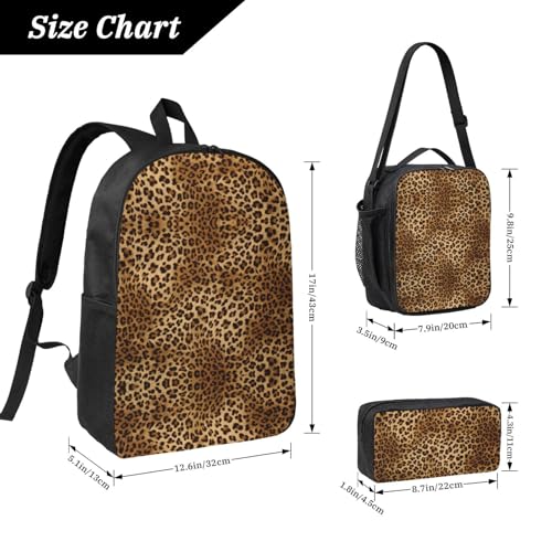 Cute Leopard print Shoulder Bookbags Lunch Bag and Pen Case 17 inches Backpack with Lunch Box, Cute Bookbag Set4