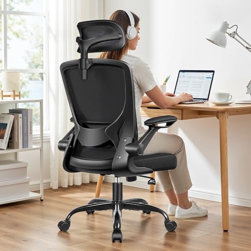 Image of Ergonomic Office Chair, Breathable Mesh Desk Chair for Home Office, 4 Pack | Adjustable Lumbar Support for Back Pain Relief, Computer Chair Comfy for Long Hours, Space-Saving Flip Padded Armrests, Black