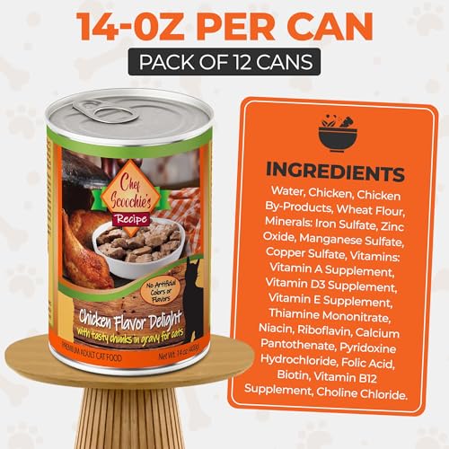 Image of Scoochie Pet Products Chef Scoochie's Tender Chicken Chunks in Gravy Wet Cat Food - Easy Open Pop-Top Cans - Protein & Essential Nutrients - Gourmet Meal for Indoor & Outdoor Cats 24 Cans (14 oz e.)