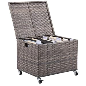 BIRDROCK HOME Rolling File Box Storage Cabinet with Wheels Weatherproof Rattan Style Resin Deck Chest for Garden Home and Office Organize Cushions Toys and Accessories Storage Box Tan