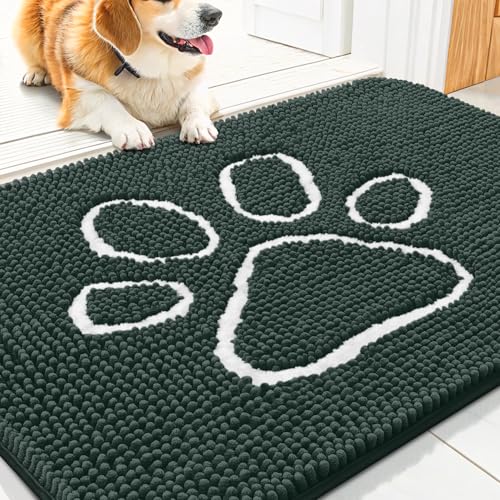 Image of Smiry Dog Door Mat for Muddy Paws, Absorbent Dirt Trapper Non Slip Quick Dry Washable Chenille Mat for Mud Dogs, Entry Rug for Indoor and Outdoor (30x20 Inches, Green and White)