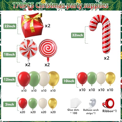 Image of 170Pcs Christmas Balloon Arch Garland Kit with Xmas Red Sage Green Gold White Sand Latex Balloons Gift Box Candy Cane Foil Balloons Arch Kit for Christmas New Year Party Party Decorations