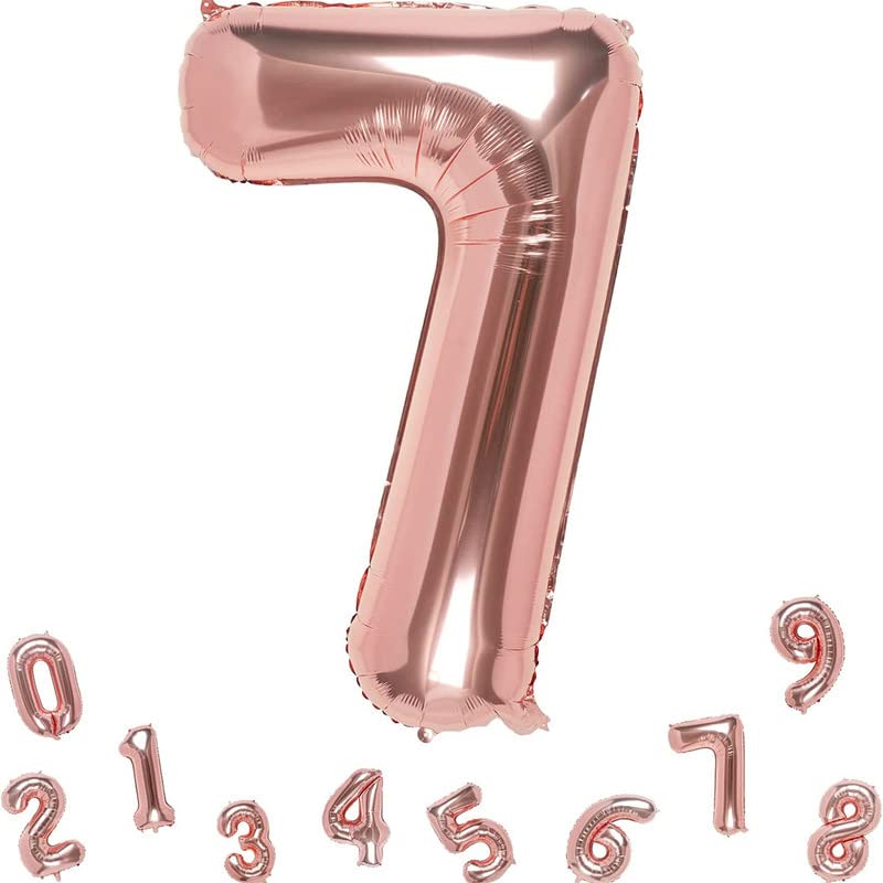 Image of Bubblebells Rose Gold 32 Inches 7 Numbers Shape Large Big Foil Helium Balloons for Party Decorations in Happy Birthday Anniversary Office Items Materials Set Pack