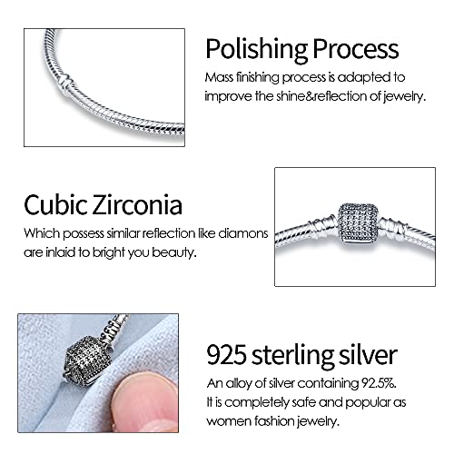 Image of 925 Sterling Silver Snake Chain Bracelets Fit Pandora Charms,Heart Clasp Bracelets Perfect For Any Glamour Gift for Women with 5 A Cubic Zirconia