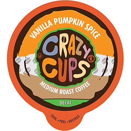 Crazy Cups Decaf Flavored Vanilla Pumpkin Spice Coffee Pods, Recyclable Medium Roast Single Serve for Keurig K Machines, Brew Hot or Iced, 22 Count