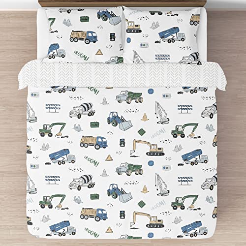 Image of Sweet Jojo Designs Construction Truck Boy Full /Queen Bedding Set Kids Comforter Childrens Size - 3 Pieces - Grey Yellow Black Blue and Green Transportation Chevron Arrow