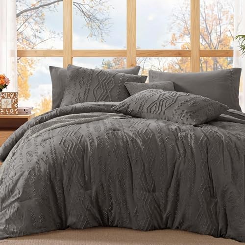 Image of King Size Comforter Set- 7 Pieces Tufted Bed in a Bag King Bedding Sets | All Season Shabby Chic Boho Bedding with Comforter, Sheets, Pillowcases & Shams, Grey