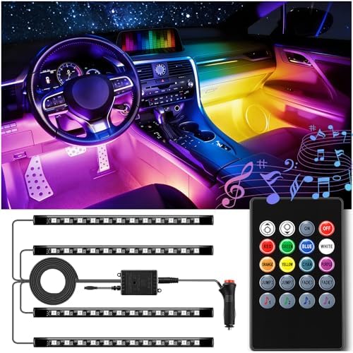 LivTee Car Led Interior Lights,4pcs 48 LED Multicolor Music Car Interior Accessories Under Dash Lighting Waterproof Kit with Sound Active Function and Wireless Remote Control, Car Charger Included