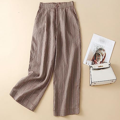 Womens Stripes Pants Elastic Waist Cotton Linen Straight Pants Casual Loose Fit Going Out Trouser Pants for Ladies2