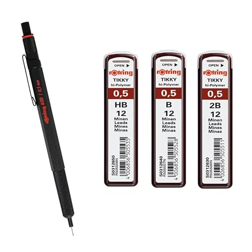 rOtring 600 Druckbleistift | 0,5 mm | Schwarzer Ganzmetallkörper Drehbleistift | Set Tikky Hi-Polymer Minen 0,5 mm HB, B und 2B