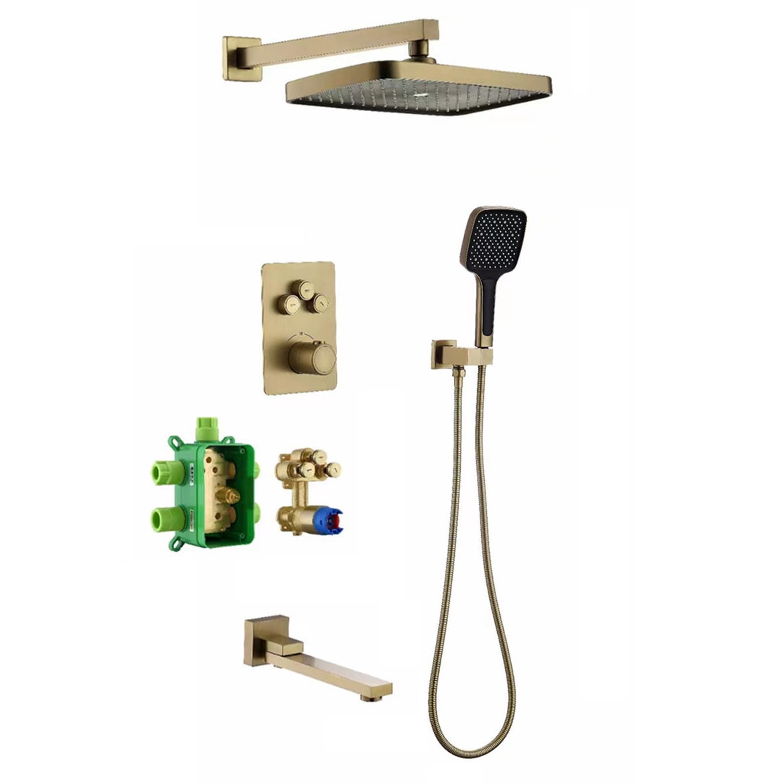 Pommeau de douche et douchette à main sur colonne thermostatique complète