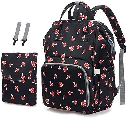 Junlion Diaper Bag, Waterproof Diaper Backpack Baby Nappy Changing Bags with Hooks + Independent Dirty Diaper Pouch Mushroom