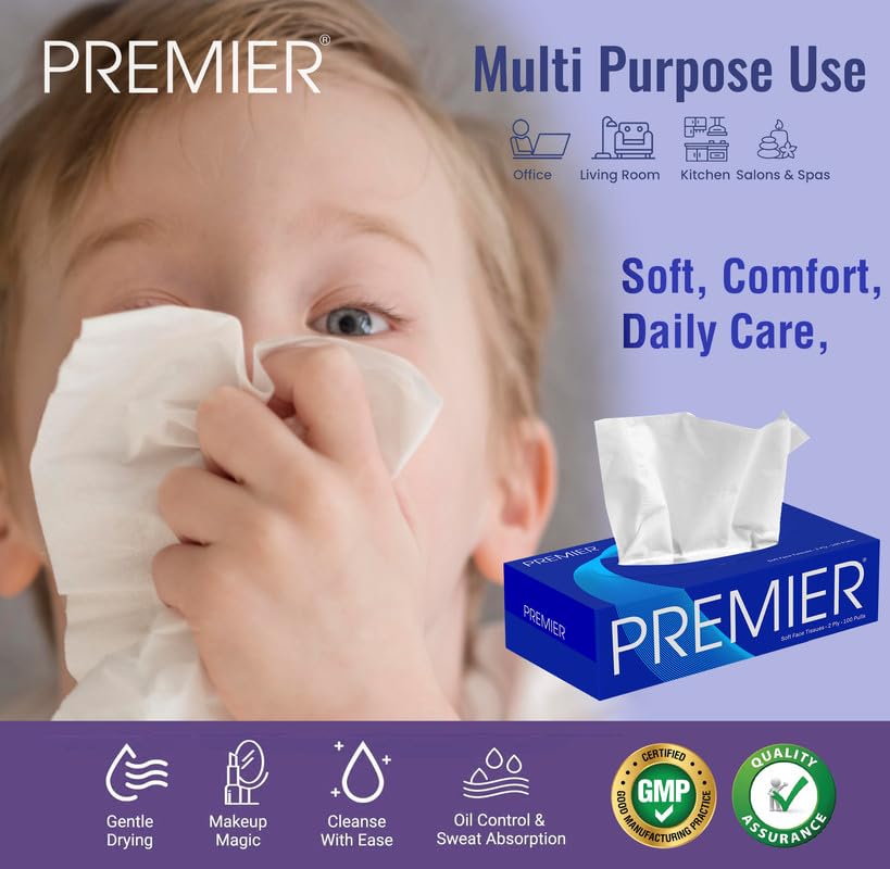 Image of Premier 2-Ply Box Face Tissue Papers - 100 Pulls per Box (Pack of 4, 400 Pulls, 800 Sheets) -Ultra Soft, Gentle & Highly Absorbent Facial Tissues for Home, Office, Car & Travel | Blue