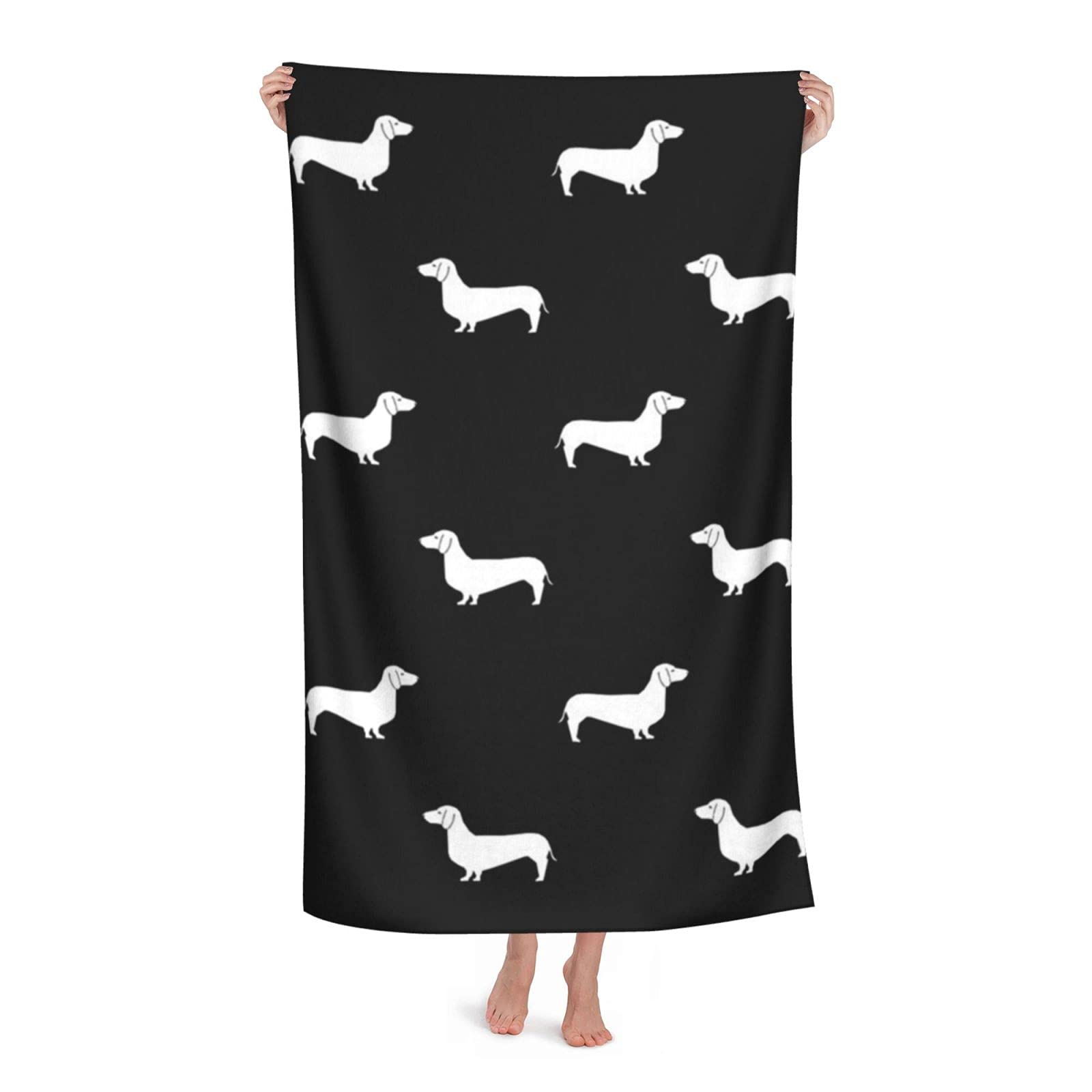 LSRCPD Black And White Dachshund Silhouette Beach Towel Highly Absorbent Microfiber Beach Blanket Soft Bath Towels 80 x 130 cm