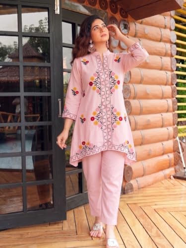 Image of ANNI Designer Women Kurta Set | Cotton Embroidered A-Line Kurta with Pant Co-ord Set | 3 /4 Sleeve Mandarin Collar Kurti Set for Women | Daily Office Party Wedding Ethnic Suit