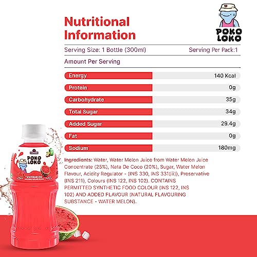 Image of Sapphire Poko Loko Watermelon Flavoured Fruit Juice Drink with Nata De Coco | Energy Booster Drink filled with Natural Fruit Fibres | No Added Preservatives and Colours - 300ml (Pack of 6)