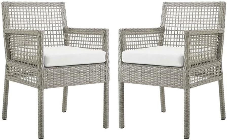 Pemberly Row 19.5" Wicker Rattan Patio Dining Armchair Set of 2, Gray Finish, Aluminum Frame, Machine Washable Cushion, Water and UV Resistant, Outdoor Backyard Poolside Chair