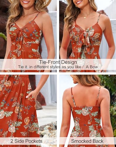 Image of Kranda Women 2026 Summer Sundress High Waist Tie Front Spaghetti Strap Long Beach Floral Tiered Maxi Dress with Pockets