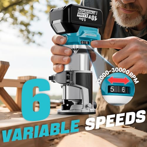 Cordless Compact Router Compatible with Makita 18V Battery, With 1 x 5.0Ah Rechargeable Battery, 6 Pcs Router Bits for Woodworking, 6 Variable Speeds Router With Trim Bits