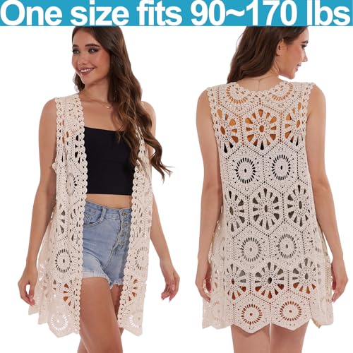 Womens Floral Crochet Lace Boho Trim Sleeveless Open Front Vest Cardigan2