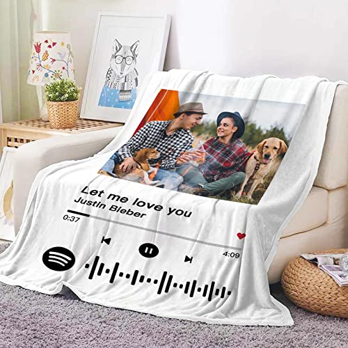 Manta personalizada Spotify para adultos, manta personalizada de franela con código escaneable, manta suave con diseño de imagen musical para padre madre amigos de Greatminer (blanco, 150 x 200 cm) Cover