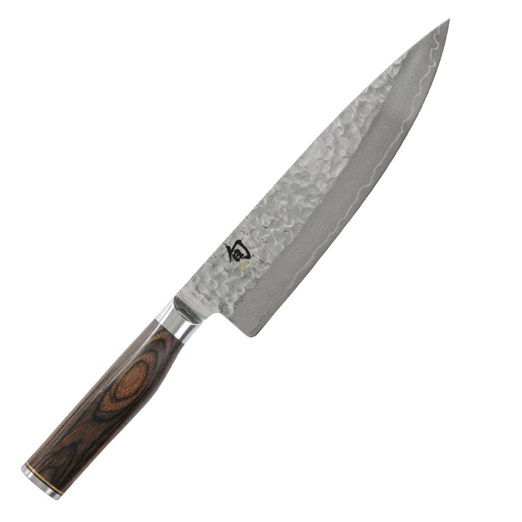 KAI Shun Premier Tim Mälzer Couteau de Chef Japonais 20 cm - Noyau VG-MAX 61 HRC, Acier Damas Poli de 32 Couches - bois de pakka Marron Moyen - Finition Martelée - Fabriqué au Japon