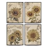 PLKMK - Impresiones artísticas de pared retro de girasol de 8 x 10 pulgadas, decoración de pared rústica vintage de acuarela para dormitorio, pintura de flores y mariposas, juego de 4 sin marco