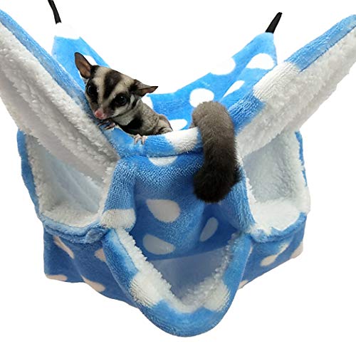 WOWOWMEOW Small Animal Cage Hanging Bunkbed Hammock Warm Fleece Bed for Sugar Glider Ferret Squirrel (Blue-Dots)